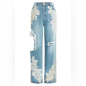 NICHOLE LYNEL THE LABEL 
Crystal Applique Ripped Nonstretch Jeans